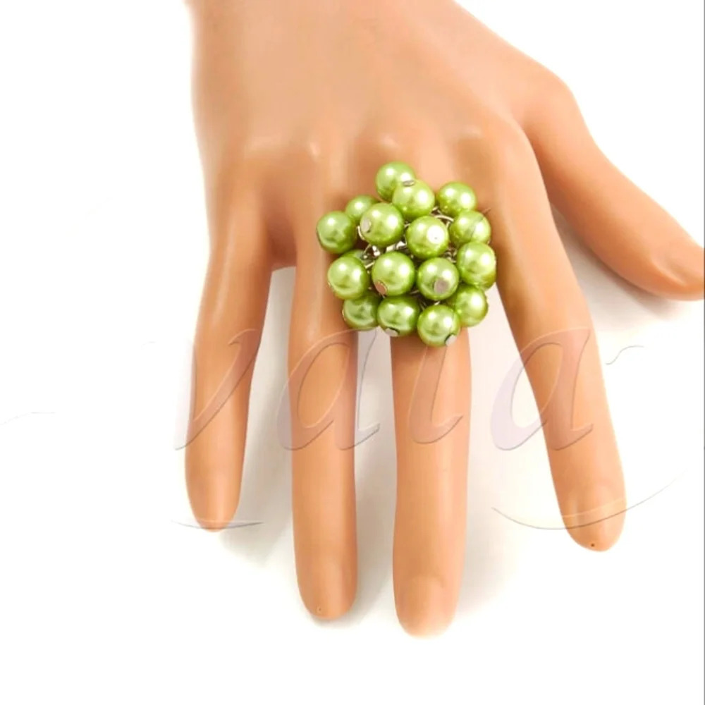 Pea Green Faux Pearl Bead Cluster Ring, Adjustable